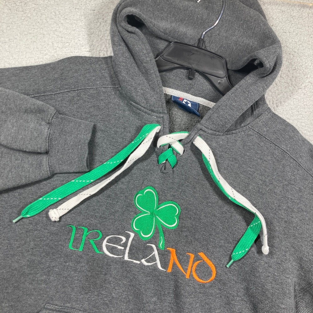Ireland Lace Up Shamrock Hoodie Womens L Gray Embroidered Pullover Sweatshirt